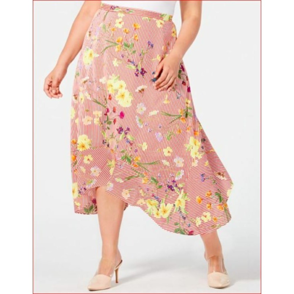 Calvin Klein Women Red White Floral Striped Midi Skirt 2X W9MNZ382